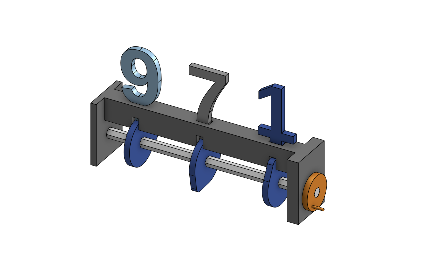 CAD rendering of a pear shaped cam mechanism moving numbers up and down